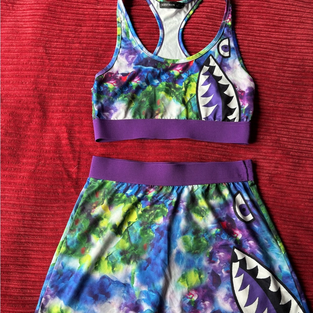 Colorful Shark Print Sports Bra and Short Set